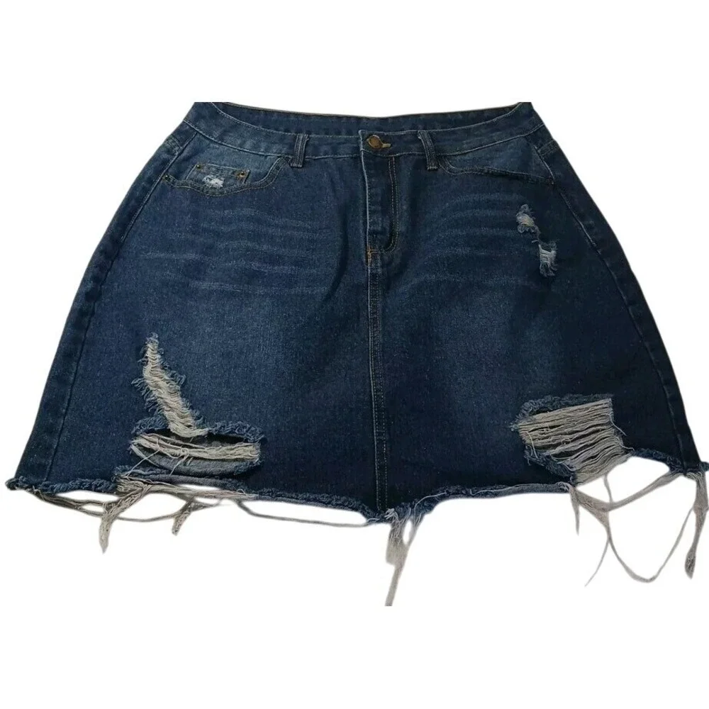 Shein Distressed Denim Mini Skirt 0XL (US 12) Raw Hem Y2K Indie Sleaze Casual